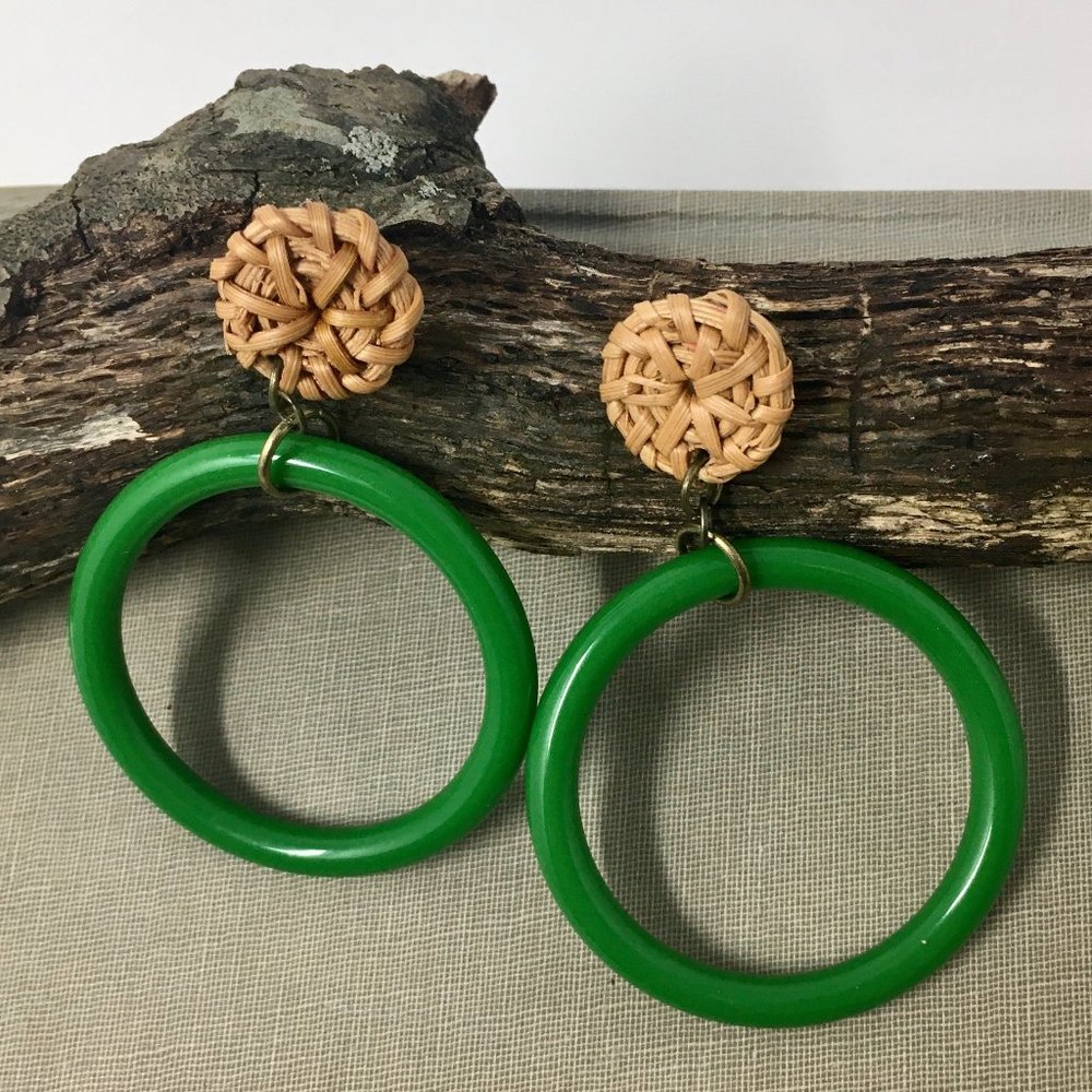 Handmade Green Acrylic Hoops with Round Woven Rattan Stud Earrings